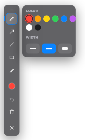 Penbeam annotation toolbar showing the rectangle, circle, line and pen tools for drawing on the screen while recording