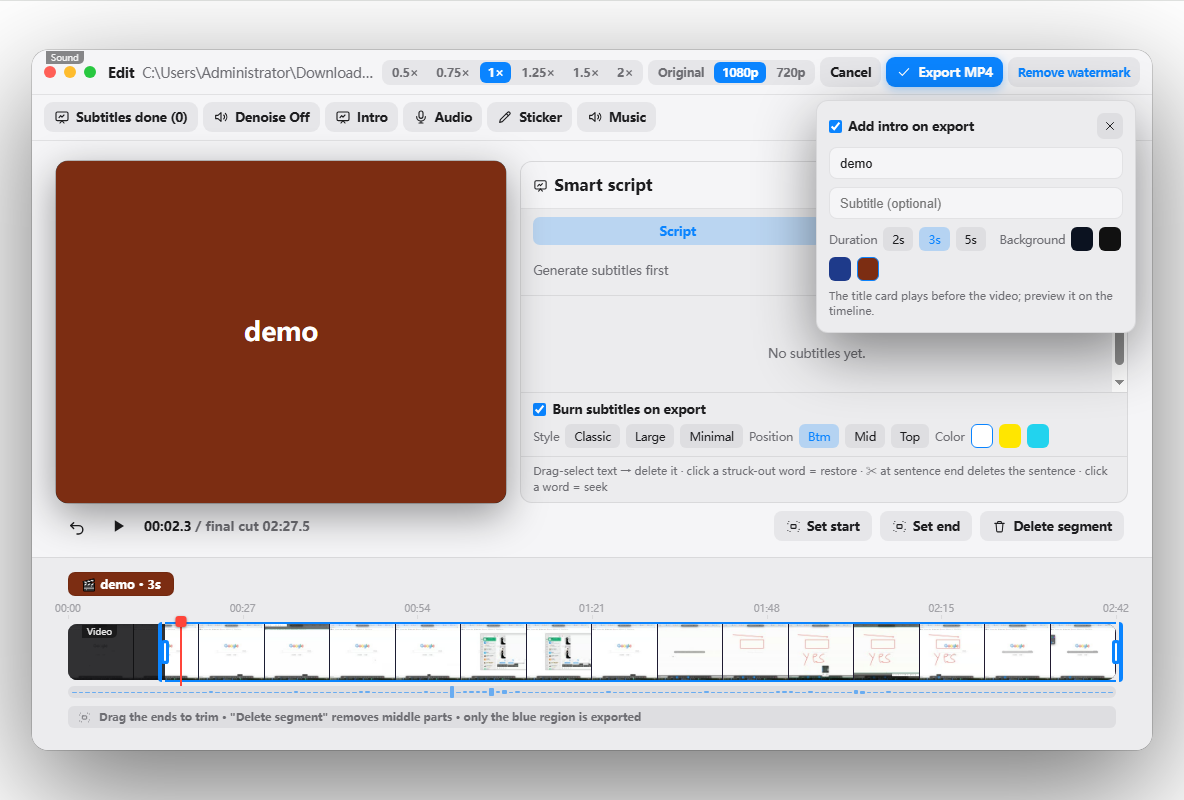 Adding a custom intro and title card to the video in the Penbeam editor before exporting the MP4