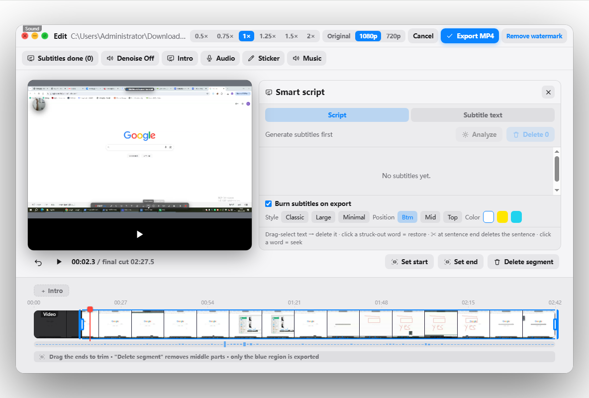 Penbeam editor: video preview on the left, smart-cut transcript and subtitle panel on the right, timeline at the bottom