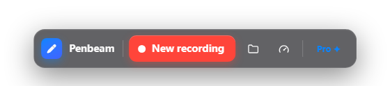 Penbeam recording toolbar where you start a new recording, choosing full screen or a region with the webcam and microphone options