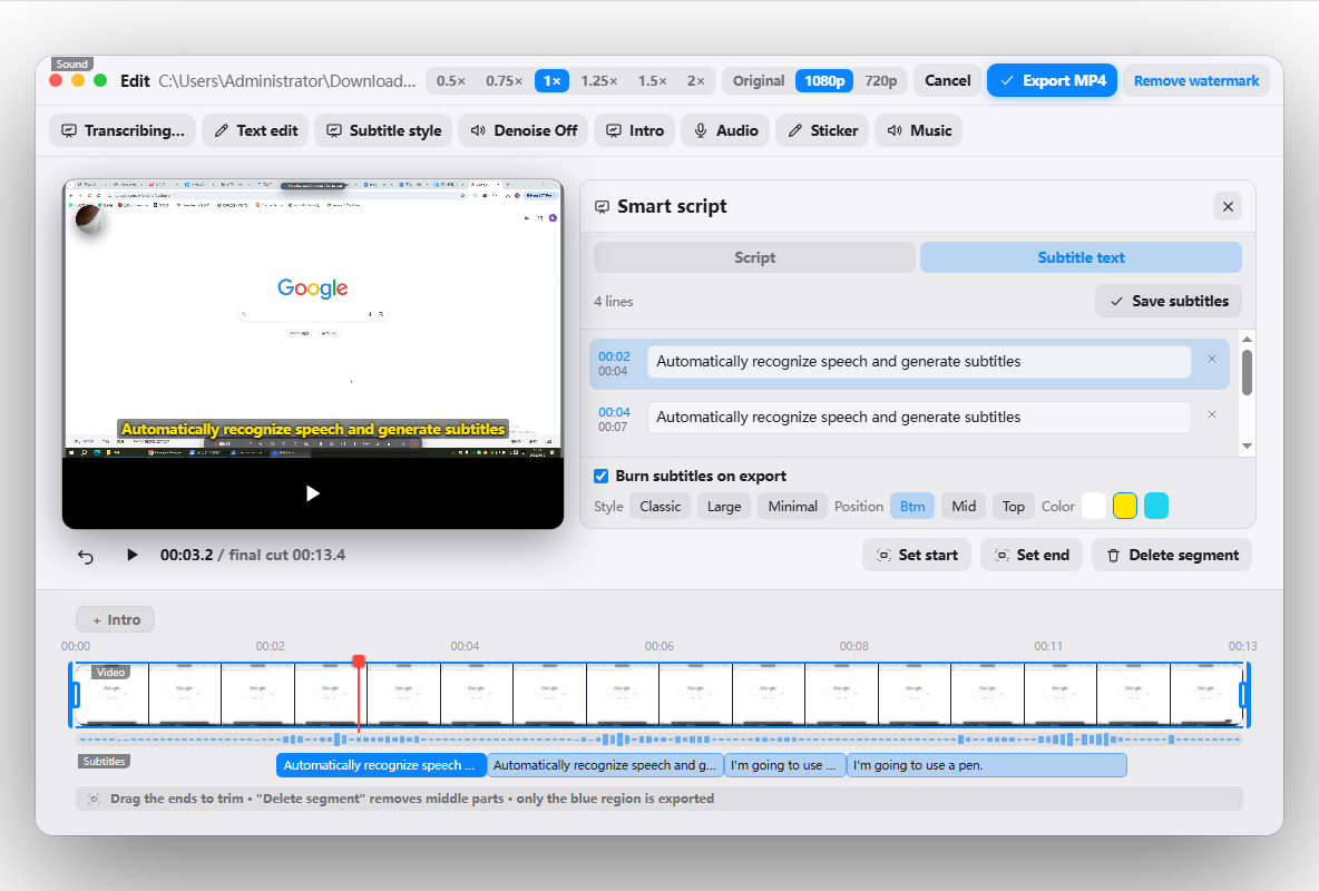 Penbeam editor main view, where you generate subtitles and edit the transcript sentence by sentence next to the video